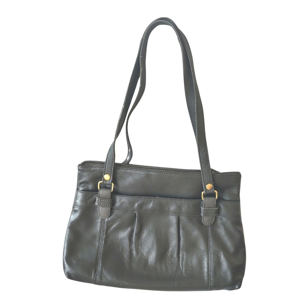 Gray Pleated Leather Vintage Shoulder Bag Two Handles Zip Top Purse 10.5" x 7.5"